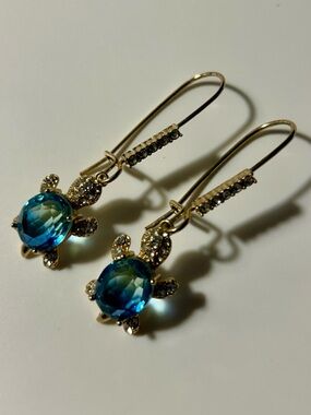 Gold-Tone Turtle Drop Earrings with Blue Crystal